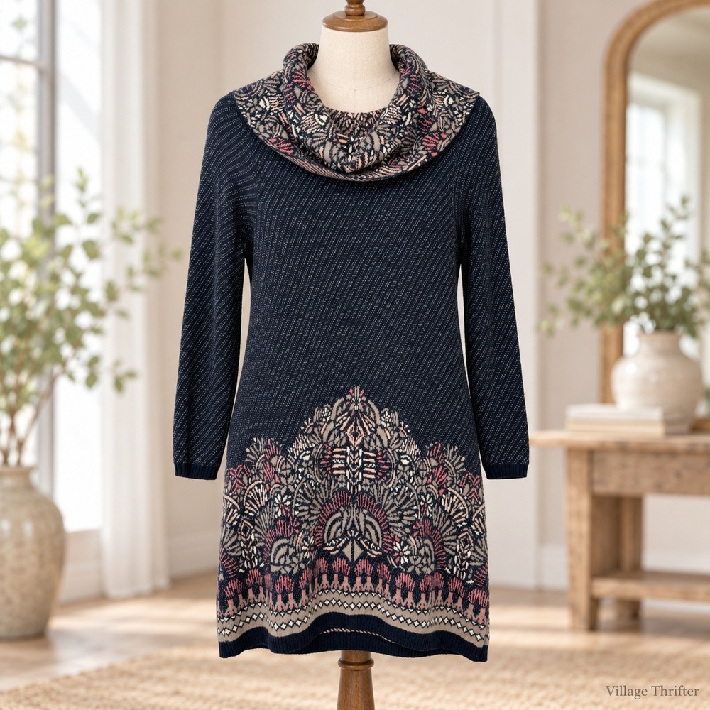 Moth Sweater Dress Women XS Navy Blue Cowl Neck Wool Alpaca Boho Tunic